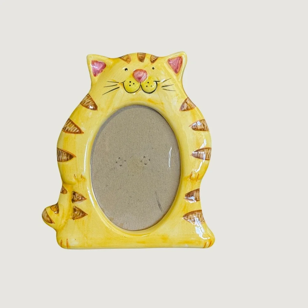 Giftco Inc Yellow Tabby Cat Ceramic Picture Frame Hand Painted Glossy Finish